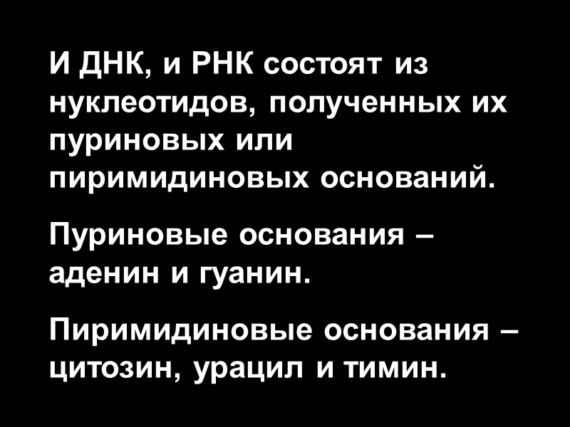 И ДНК, и РНК состоят из нуклеотидов, полученных их пуриновых или пиримидиновых оснований. Пуриновые